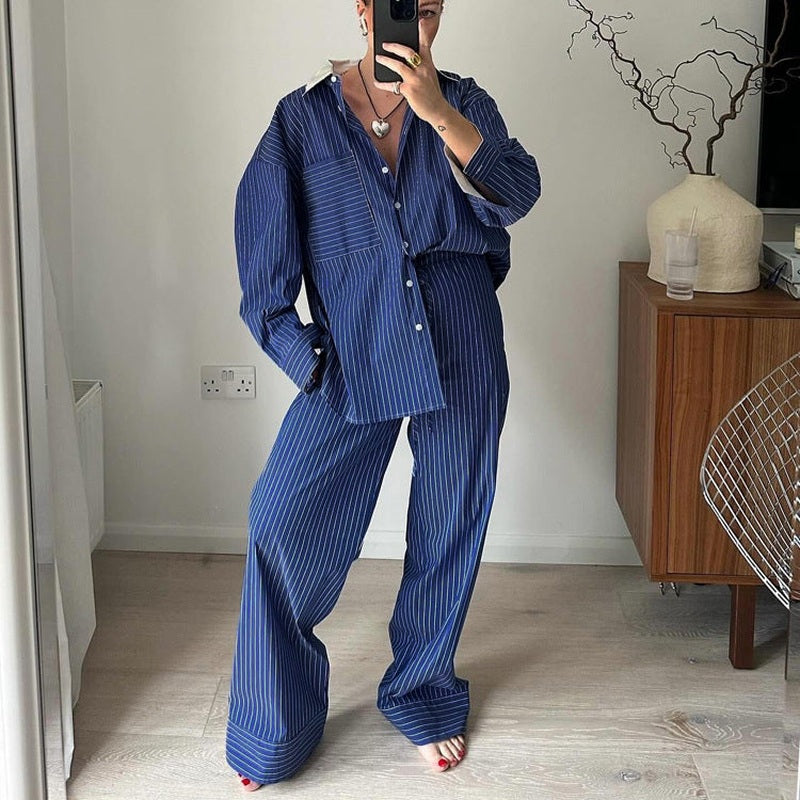 Completo a Righe Due Pezzi Donna Michela | Camicia con Collo Polo & Pantaloni Larghi TIAMUSE Outfit Sets