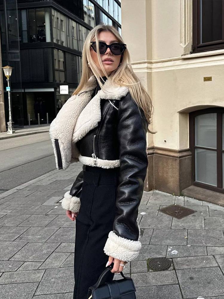 Giacca Aviator da Donna in Ecopelle | Fodera in Sherpa, Nera o Marrone per l’autunno e l’inverno TIAMUSE