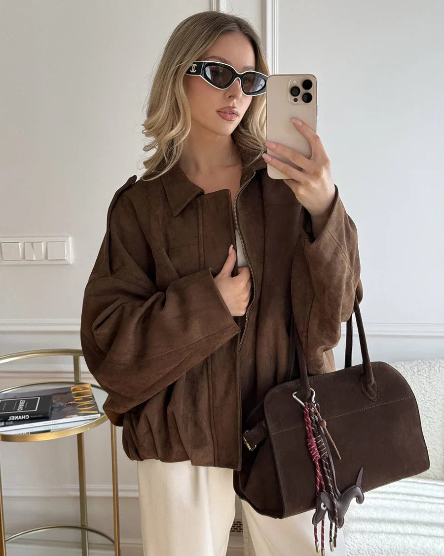Giacca Bomber Donna in Pelle Scamosciata | Stile Pilota, Zip, Autunno/Inverno TIAMUSE Outwear