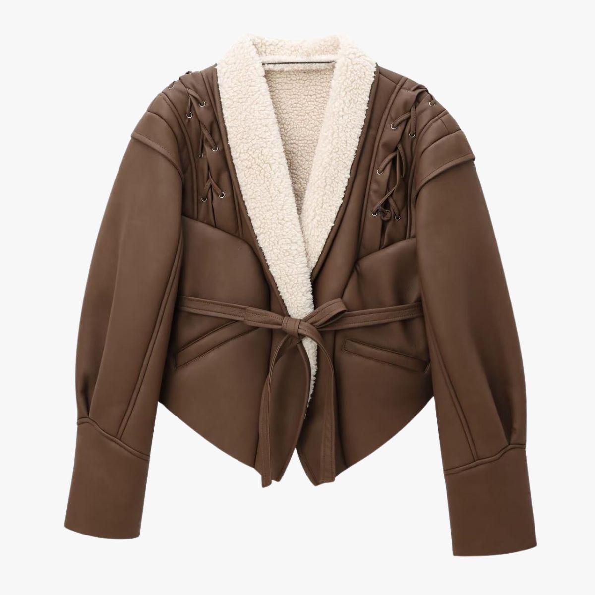 Giacca Invernale in Similpelle con Collo in Peluche e Dettagli con Lacci TIAMUSE Outwear