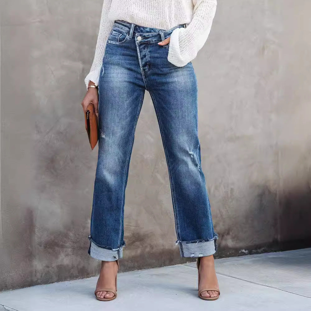 Jeans Classici Donna a Gamba Dritta | Blu Lavato per l’Uso Quotidiano TIAMUSE Jeans