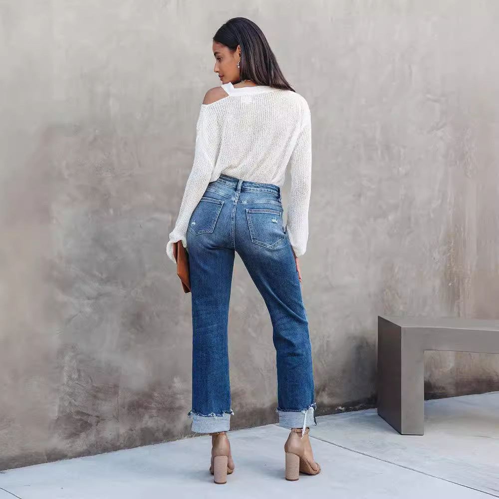 Jeans Classici Donna a Gamba Dritta | Blu Lavato per l’Uso Quotidiano TIAMUSE Jeans