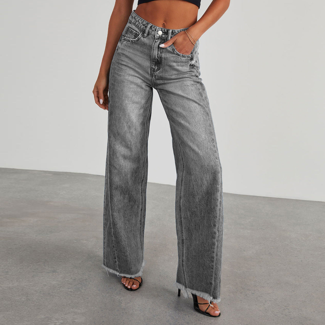 Jeans Donna Wide-Leg | Vita Alta, Lunghezza Lunga, Azzurro/Grigio TIAMUSE Jeans