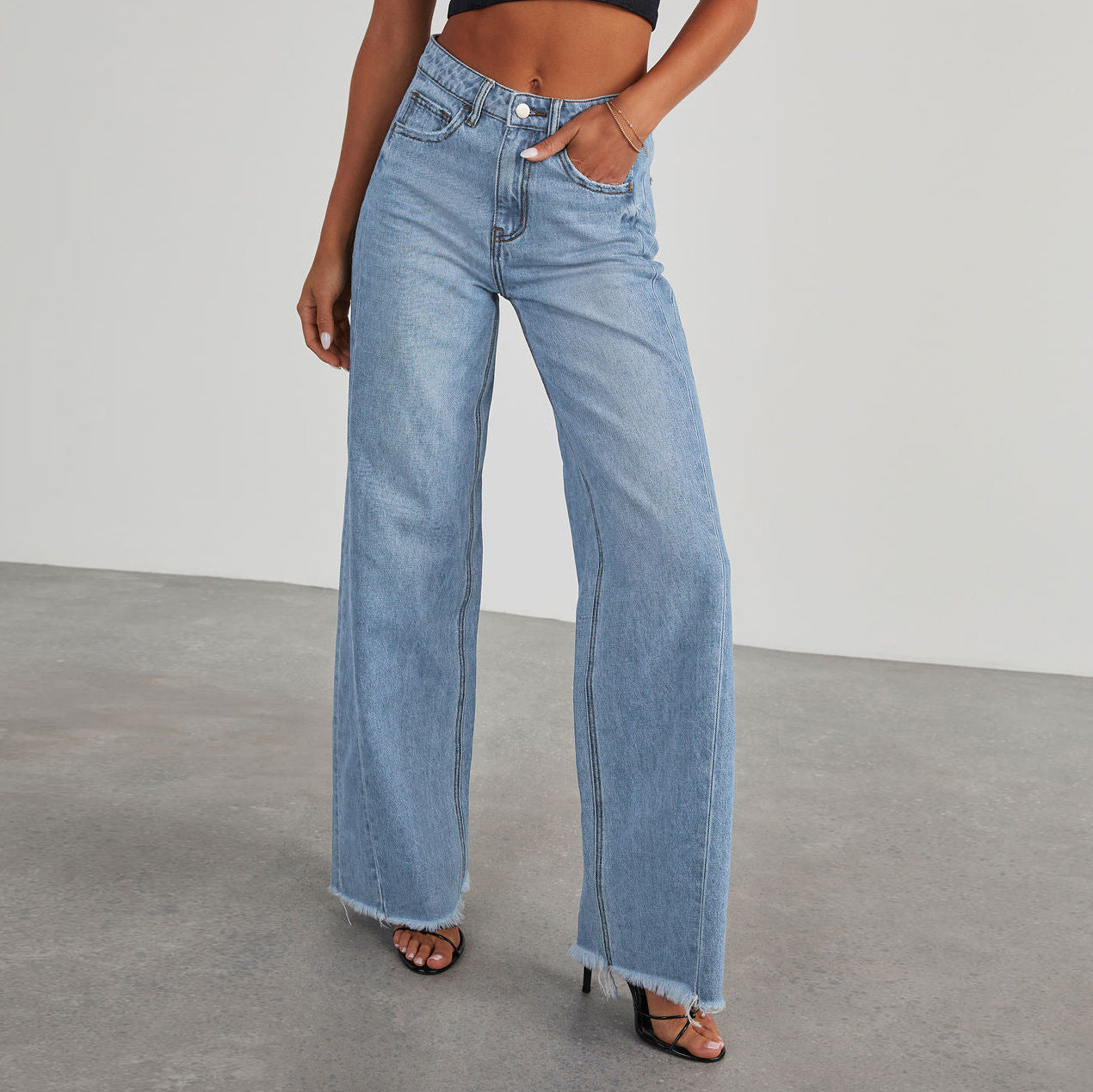 Jeans Donna Wide-Leg | Vita Alta, Lunghezza Lunga, Azzurro/Grigio TIAMUSE Jeans