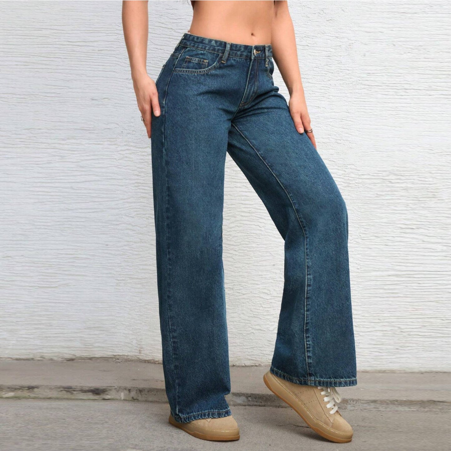 Jeans Donna a Gamba Dritta Blu | Vita Media, Linea Lunga e Pulita TIAMUSE Jeans