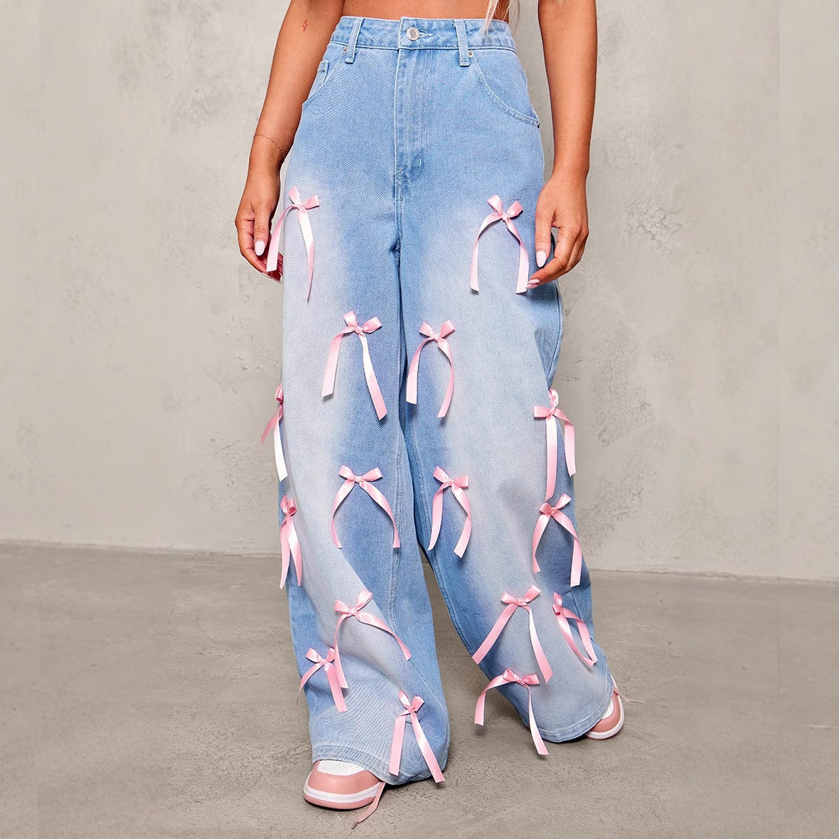 Jeans Donna a Vita Alta Wide-Leg | Azzurro con Fiocchetti Rosa TIAMUSE Jeans