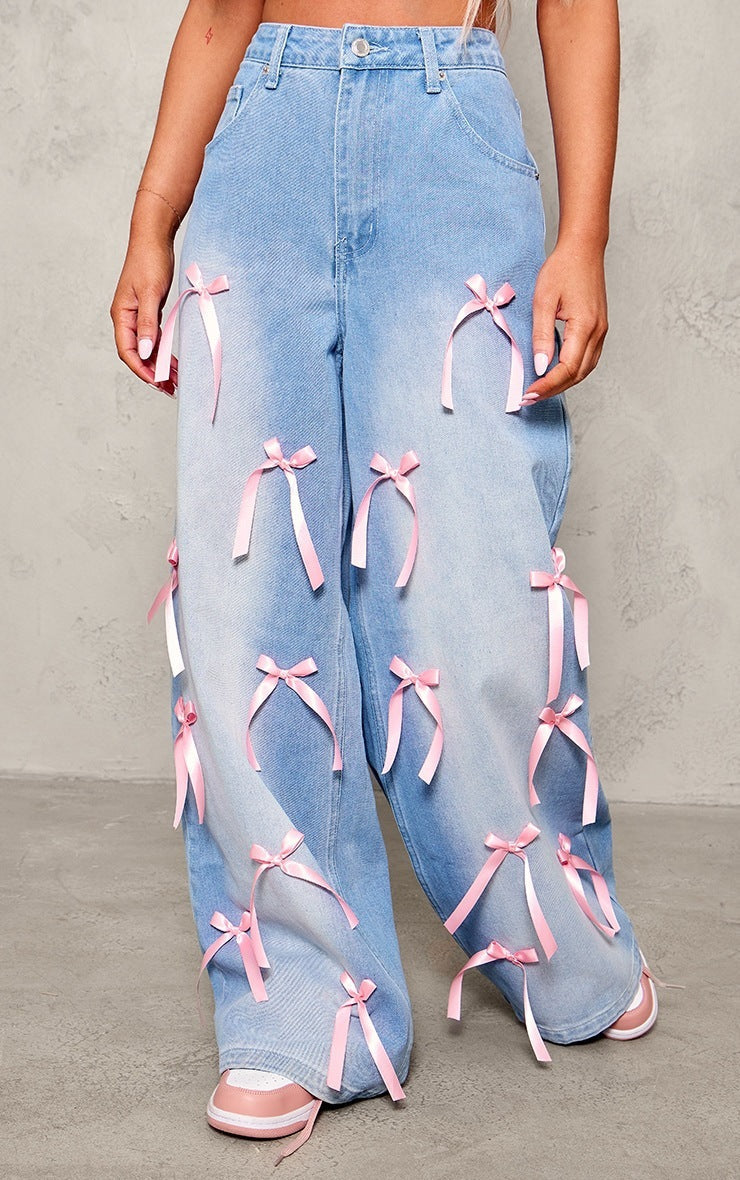 Jeans Donna a Vita Alta Wide-Leg | Azzurro con Fiocchetti Rosa TIAMUSE Jeans