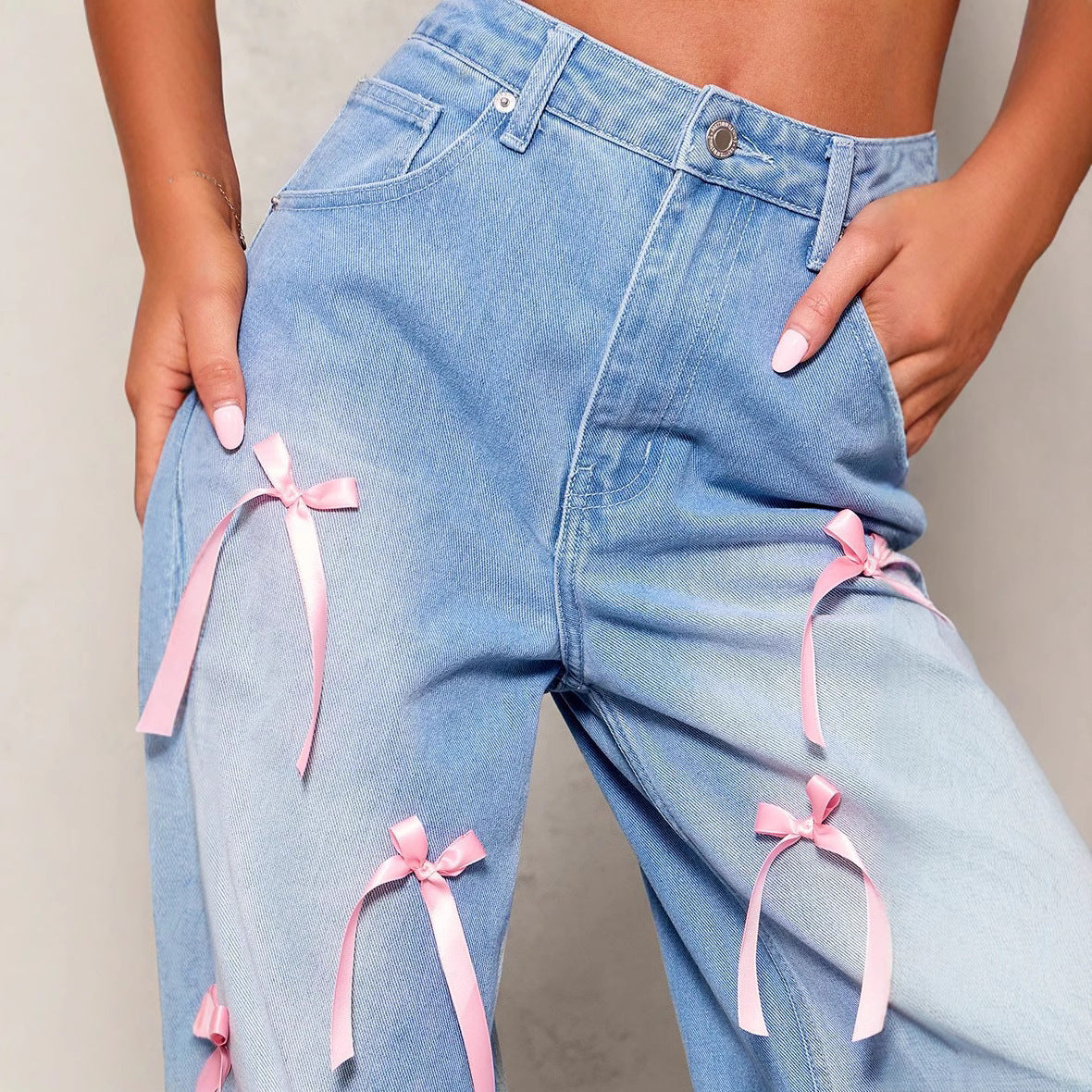 Jeans Donna a Vita Alta Wide-Leg | Azzurro con Fiocchetti Rosa TIAMUSE Jeans
