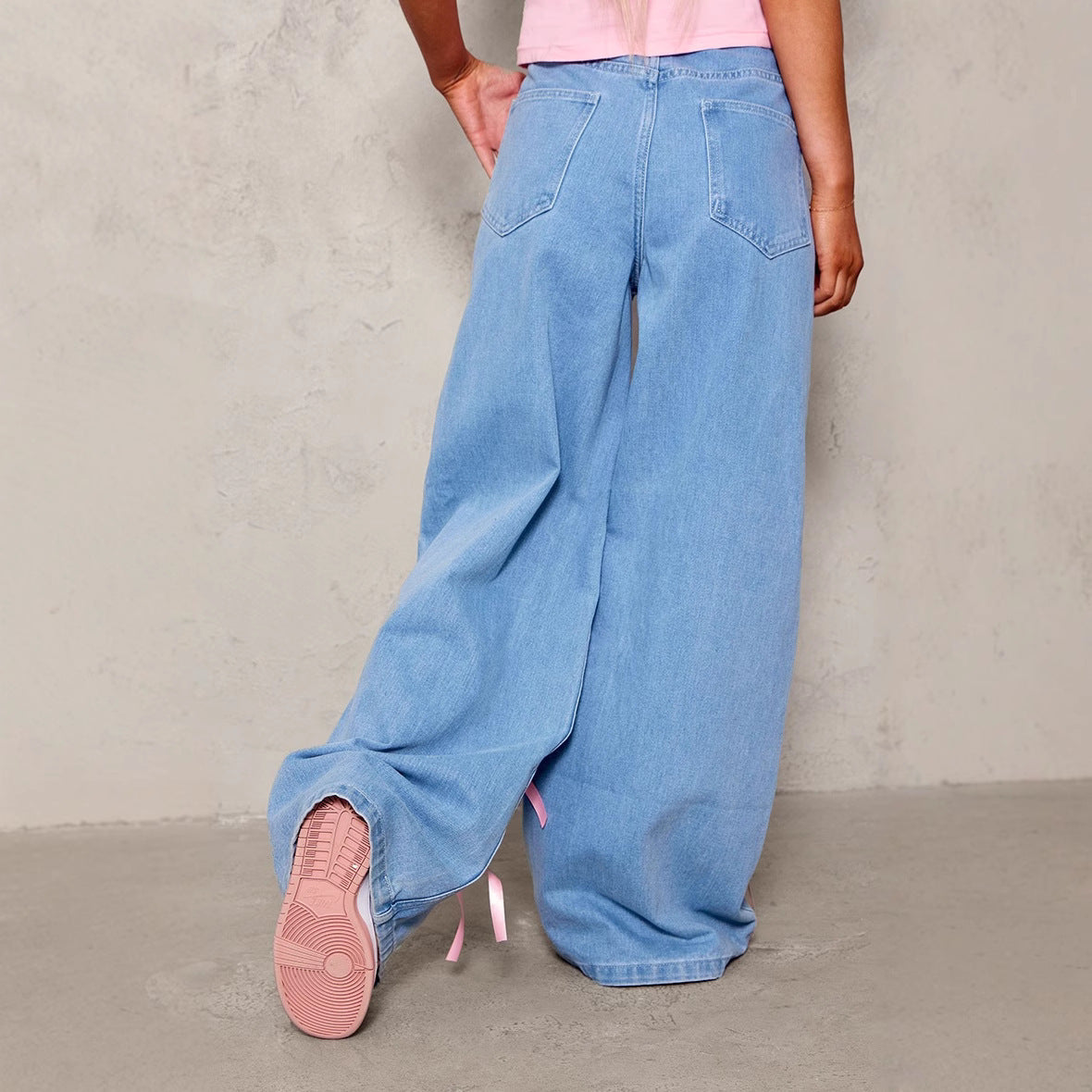 Jeans Donna a Vita Alta Wide-Leg | Azzurro con Fiocchetti Rosa TIAMUSE Jeans