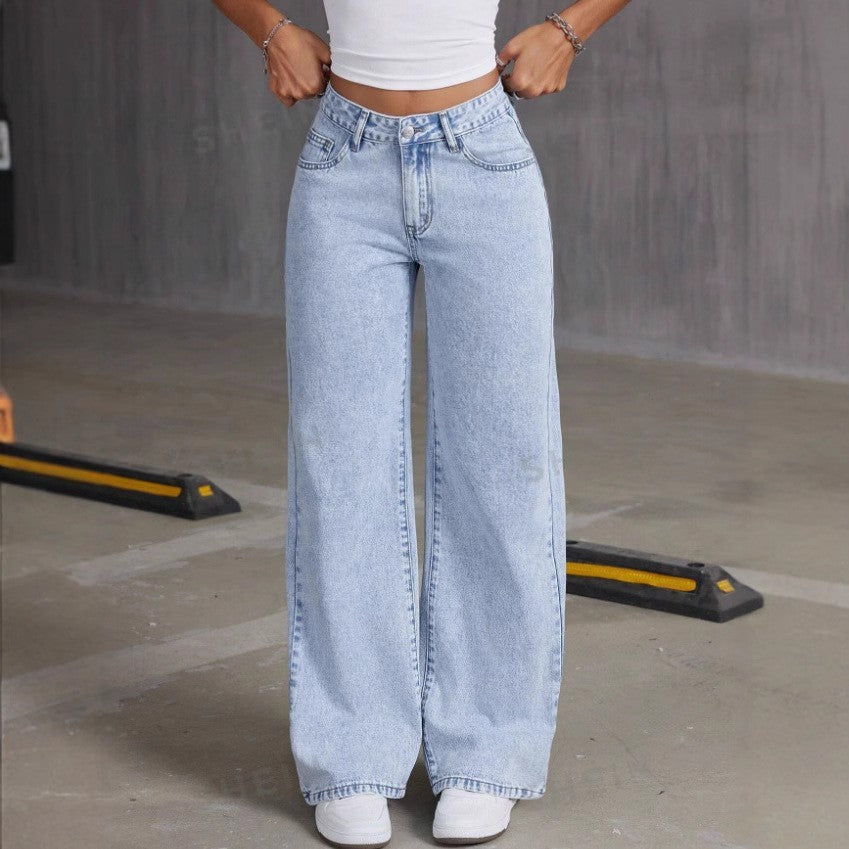 Jeans Donna a Vita Media Dritti Wide-Leg | Azzurro Chiaro per Tutti i Giorni TIAMUSE Jeans