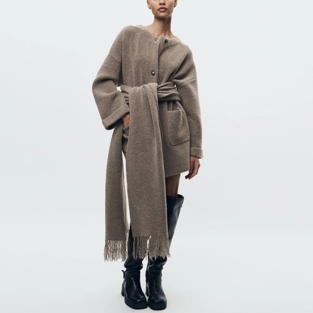 Mantella Elegante Donna con Sciarpa e Bottoni | Cardigan a Maglia Elegante 2025 TIAMUSE