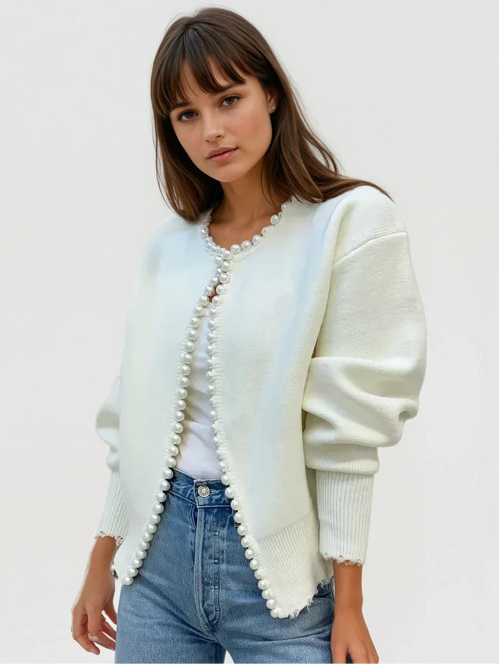 Cardigan Donna con Bordo di Perle | Maglia Elegante Moda 2025 Autunno Inverno