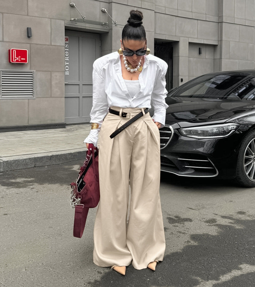 Pantaloni Donna a Vita Alta Wide-Leg | Colore Beige, per Ufficio e Look Quotidiani TIAMUSE Pants