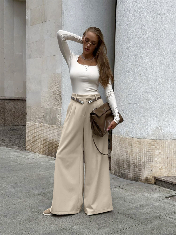 Pantaloni Donna da Tailleur Wide-Leg | Vita Alta in Beige o Grigio TIAMUSE Pants