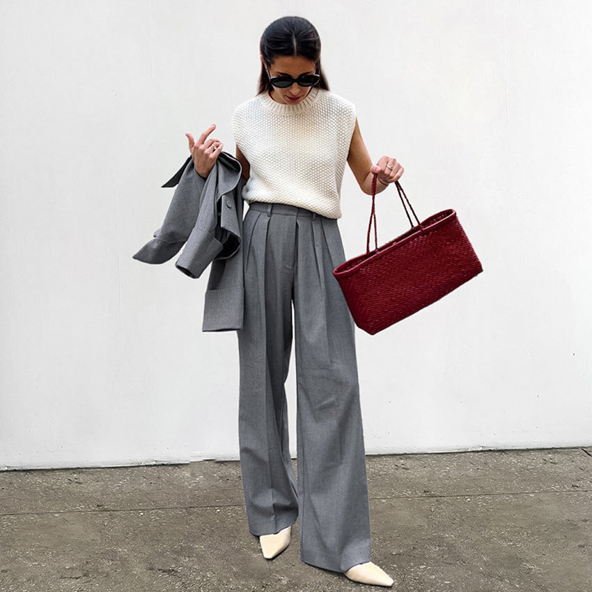 Pantaloni Donna da Tailleur a Vita Alta | Gamba Dritta Larga in Grigio TIAMUSE Pants