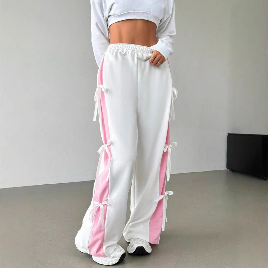 Pantaloni Streetwear Donna Wide Leg | Pantaloni Vita Elastica Bianco & Rosa a Contrasto TIAMUSE Pants