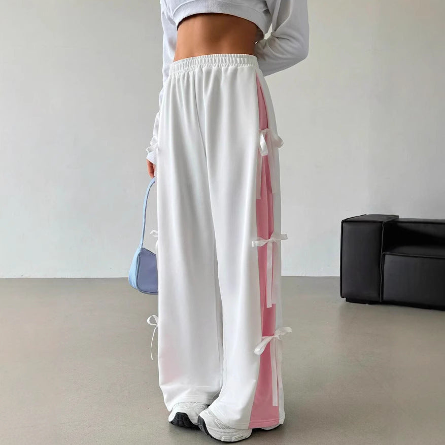 Pantaloni Streetwear Donna Wide Leg | Pantaloni Vita Elastica Bianco & Rosa a Contrasto TIAMUSE Pants