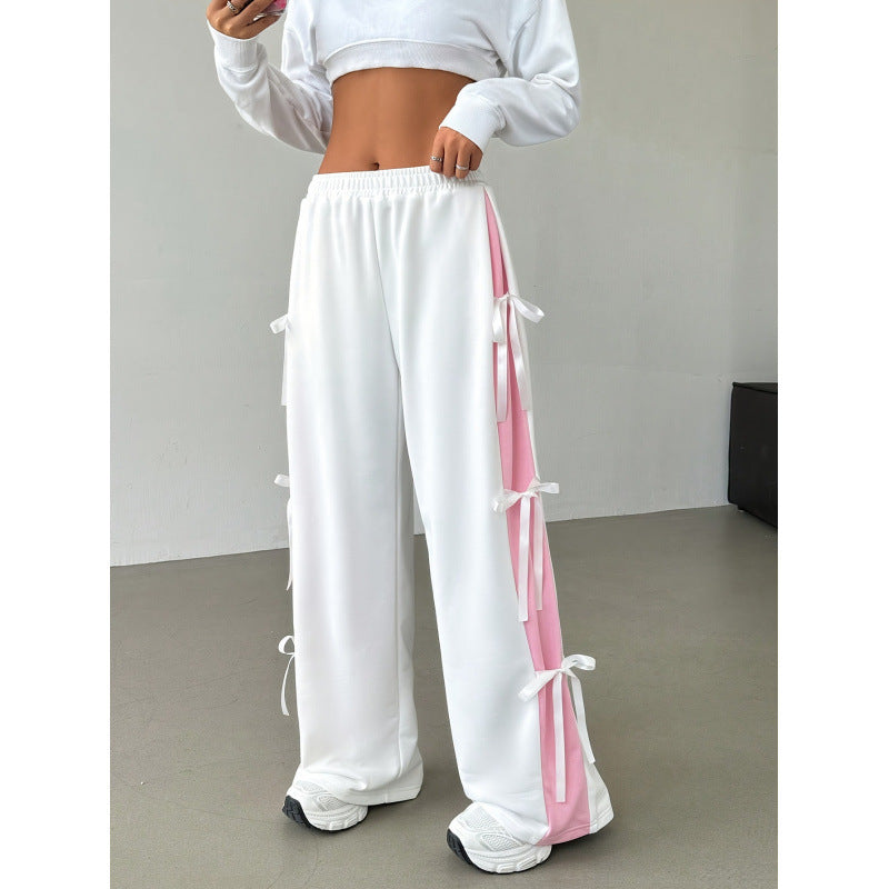 Pantaloni Streetwear Donna Wide Leg | Pantaloni Vita Elastica Bianco & Rosa a Contrasto TIAMUSE Pants