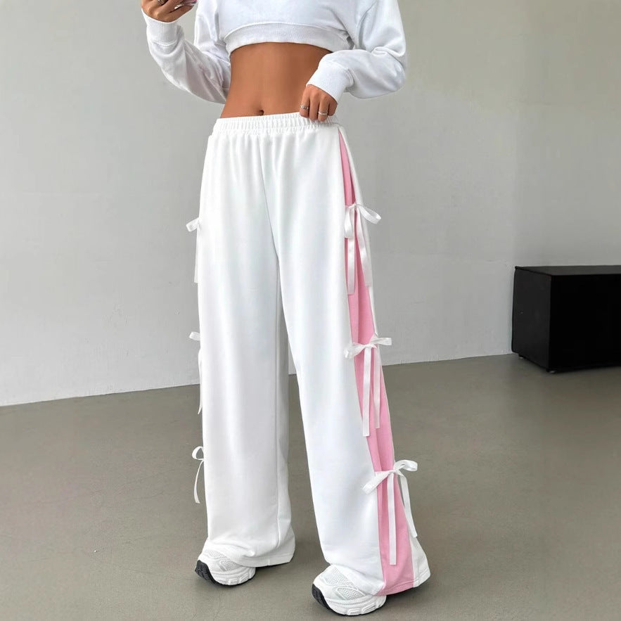 Pantaloni Streetwear Donna Wide Leg | Pantaloni Vita Elastica Bianco & Rosa a Contrasto TIAMUSE Pants
