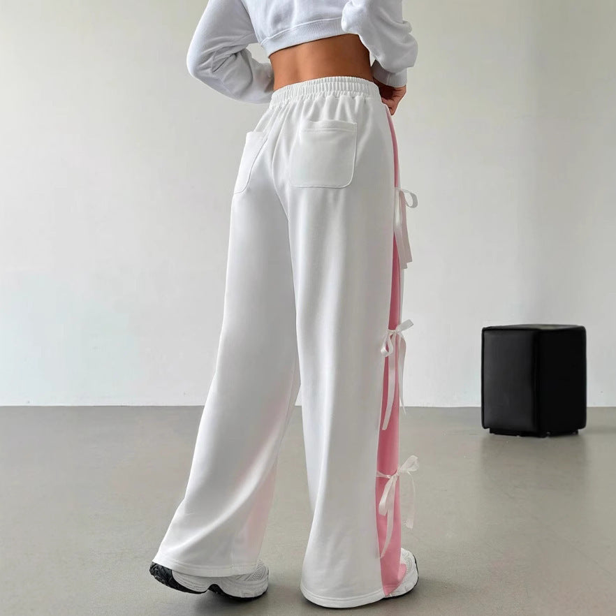 Pantaloni Streetwear Donna Wide Leg | Pantaloni Vita Elastica Bianco & Rosa a Contrasto TIAMUSE Pants