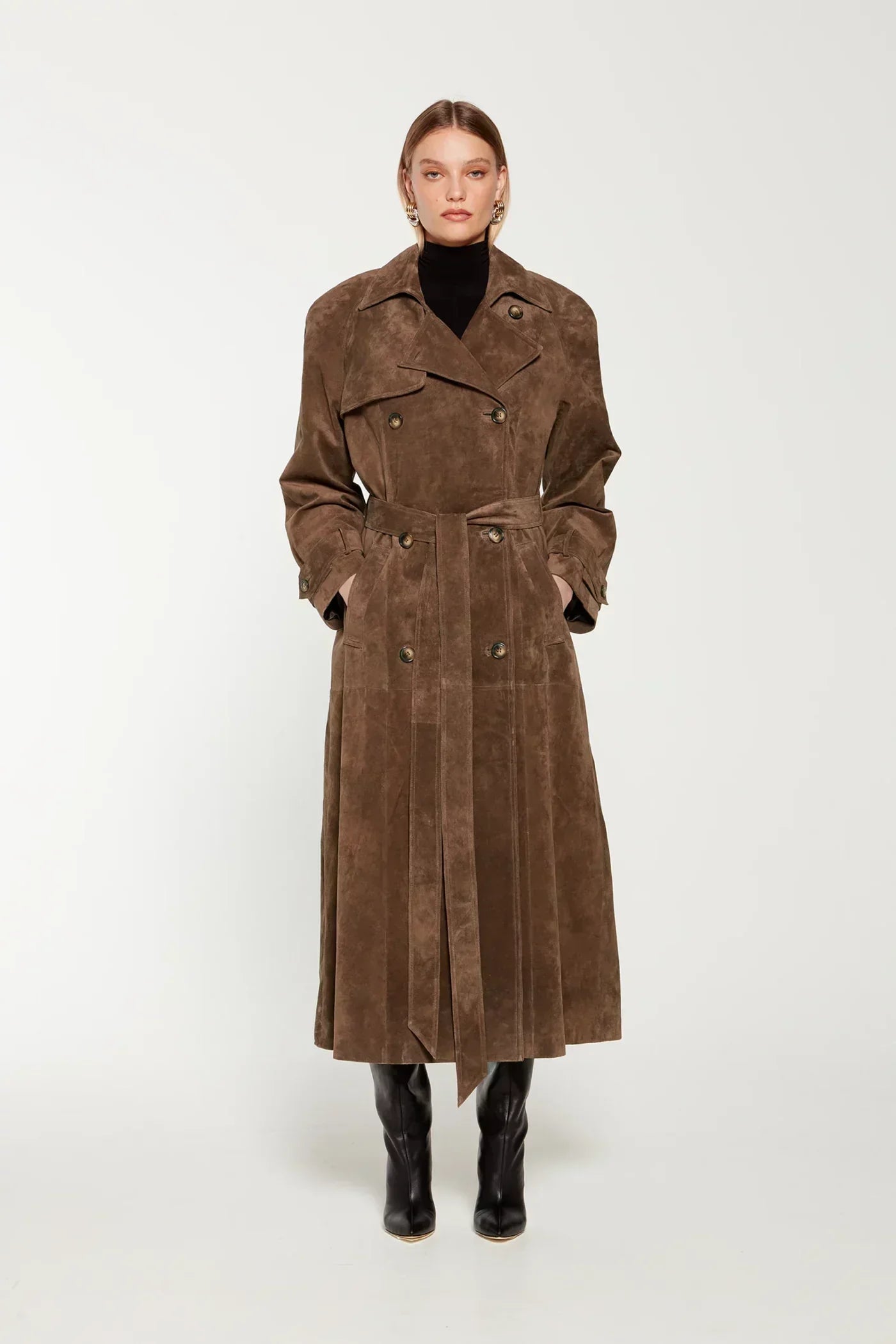 Trench in Camoscio da Donna | Marrone, con Cintura, Stile Classico Sartoriale TIAMUSE Outwear