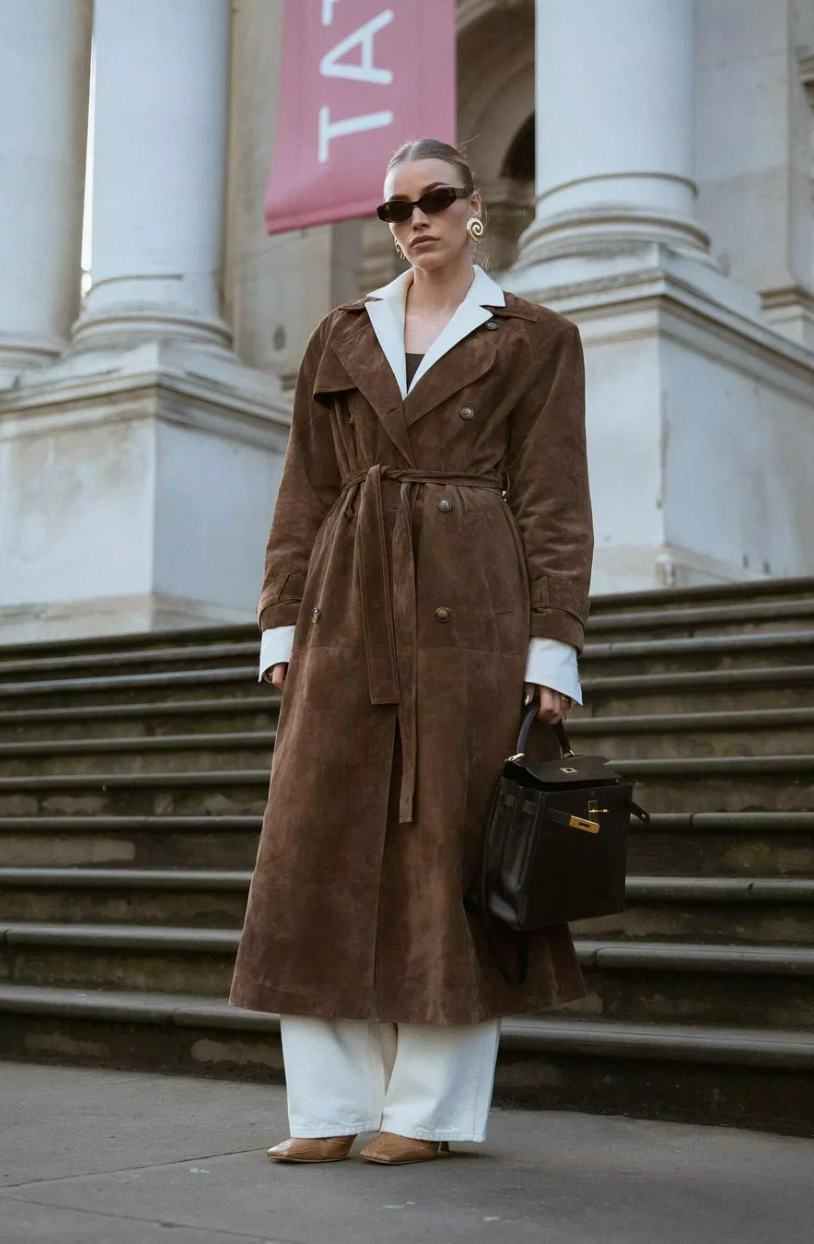 Trench in Camoscio da Donna | Marrone, con Cintura, Stile Classico Sartoriale TIAMUSE Outwear
