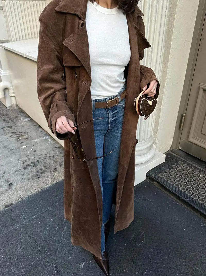 Trench in Camoscio da Donna di Tendenza | Marrone, Vestibilità Sartoriale, Autunno/Inverno TIAMUSE Outwear