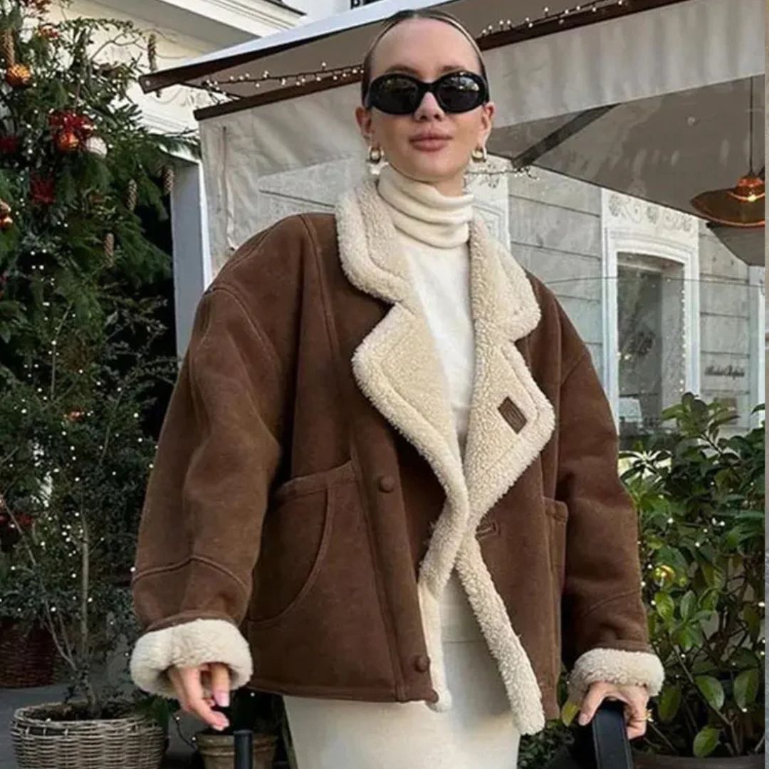 Veste d'hiver femme type mouton | Chaude et chic en similicuir marron avec col doux