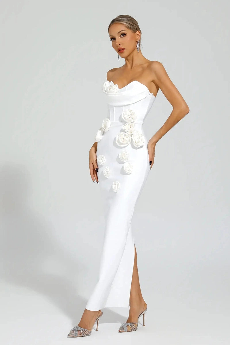 Abito Bianco Lungo con Rose e Spalle Scoperte – Elegante e Raffinato 2025 TIAMUSE Abito GLAM
