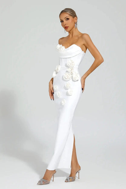 Abito Bianco Lungo con Rose e Spalle Scoperte – Elegante e Raffinato 2025 TIAMUSE Abito GLAM