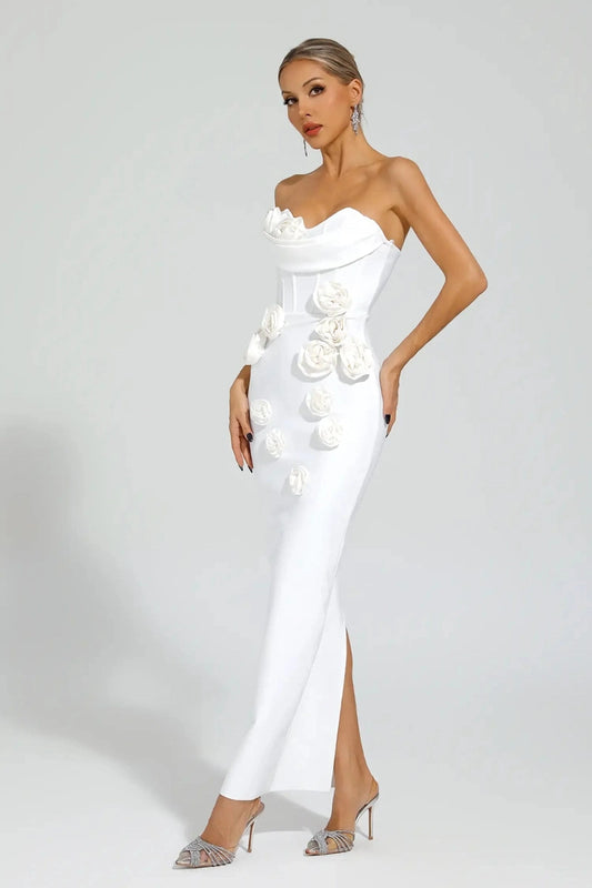Abito Bianco Lungo con Rose e Spalle Scoperte – Elegante e Raffinato 2025 TIAMUSE Abito GLAM