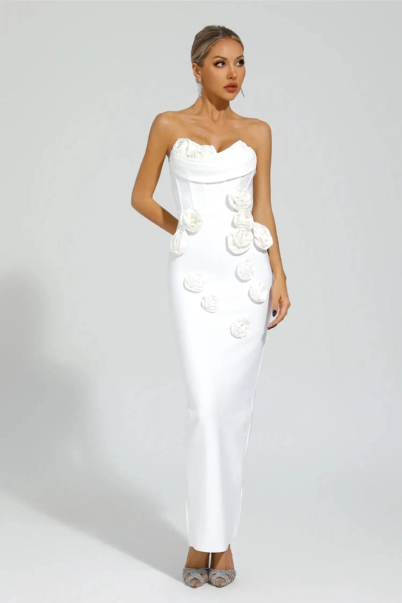 Abito Bianco Lungo con Rose e Spalle Scoperte – Elegante e Raffinato 2025 TIAMUSE Abito GLAM