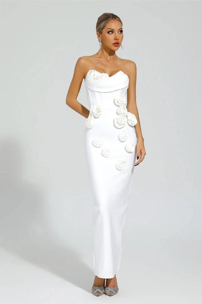 Abito Bianco Lungo con Rose e Spalle Scoperte – Elegante e Raffinato 2025 TIAMUSE Abito GLAM