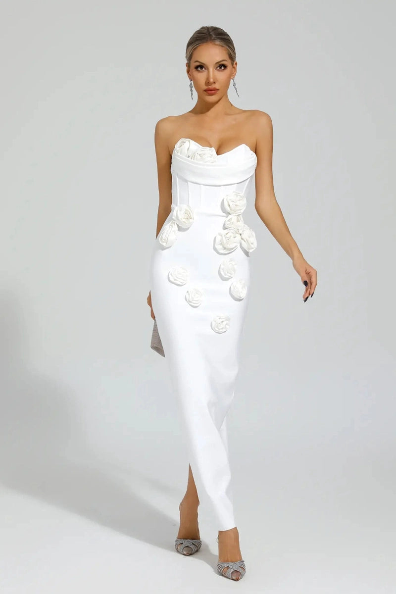 Abito Bianco Lungo con Rose e Spalle Scoperte – Elegante e Raffinato 2025 TIAMUSE Abito GLAM
