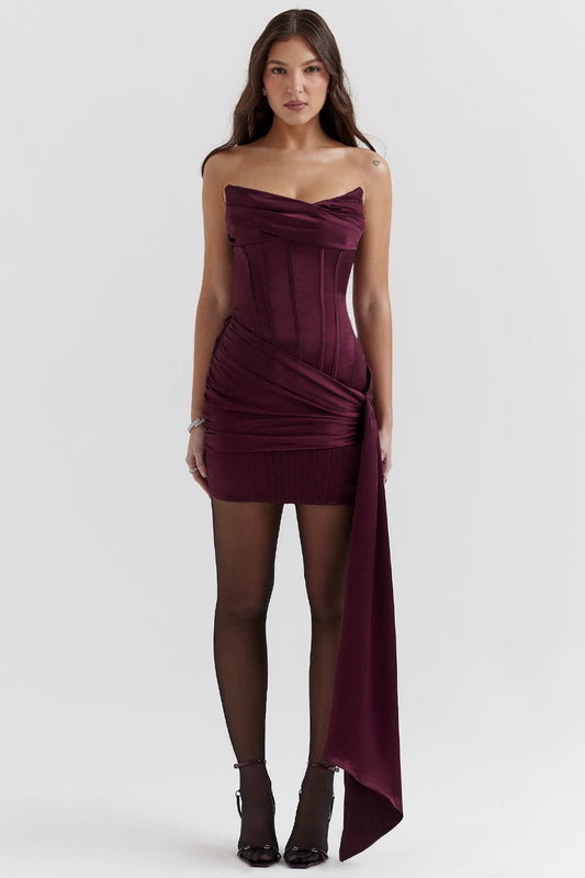 Abito Elegante con Corsetto Senza Spalline | Chic Borgogna per Sera e Cocktail TIAMUSE