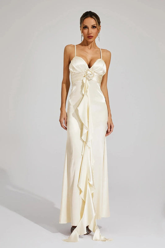Abito Lungo Avorio in Raso con Dettaglio Rosa – Elegante per Matrimoni & Eventi 2025 TIAMUSE Abito GLAM