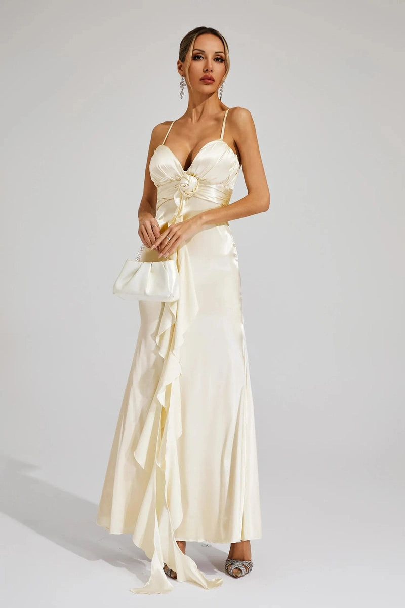 Abito Lungo Avorio in Raso con Dettaglio Rosa – Elegante per Matrimoni & Eventi 2025 TIAMUSE Abito GLAM
