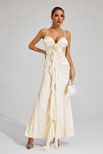 Abito Lungo Avorio in Raso con Dettaglio Rosa – Elegante per Matrimoni & Eventi 2025 TIAMUSE Abito GLAM