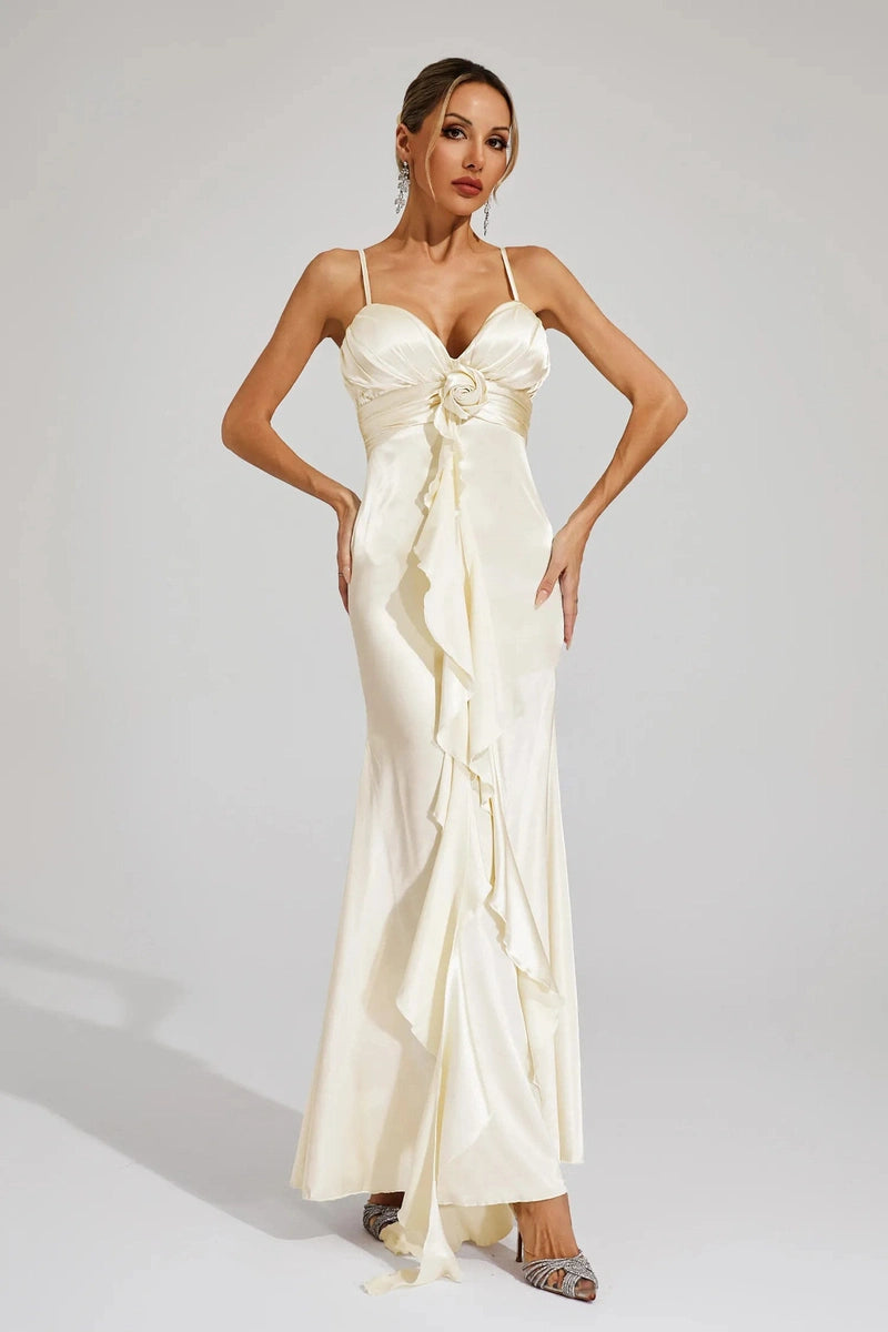 Abito Lungo Avorio in Raso con Dettaglio Rosa – Elegante per Matrimoni & Eventi 2025 TIAMUSE Abito GLAM