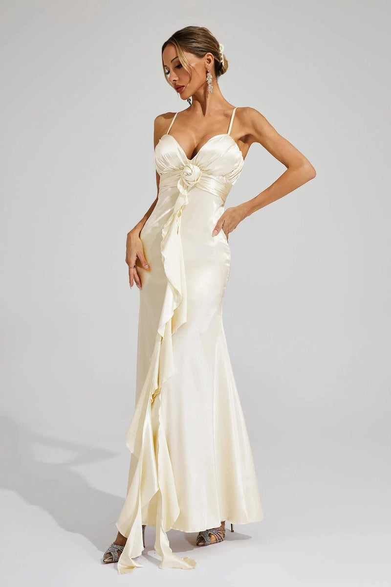 Abito Lungo Avorio in Raso con Dettaglio Rosa – Elegante per Matrimoni & Eventi 2025 TIAMUSE Abito GLAM