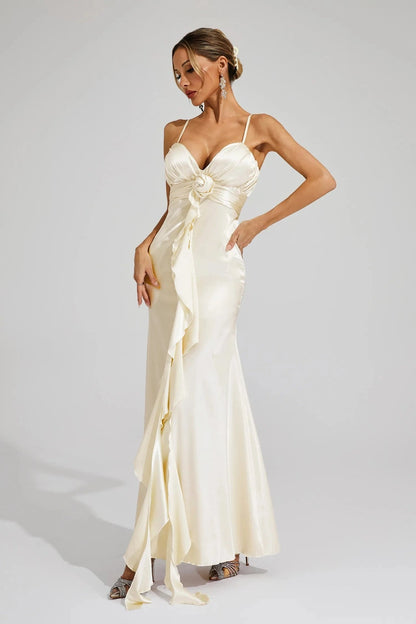 Abito Lungo Avorio in Raso con Dettaglio Rosa – Elegante per Matrimoni & Eventi 2025 TIAMUSE Abito GLAM
