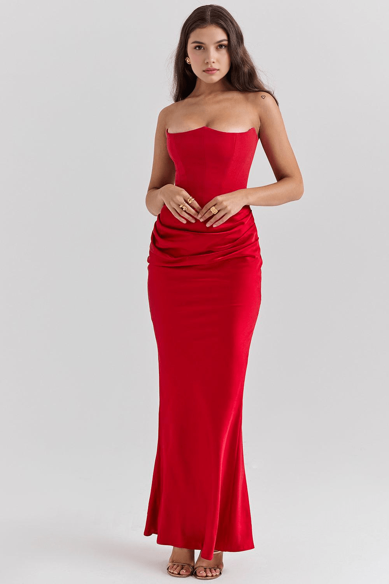 Abito Rosso con Corsetto e Scollo Senza Spalline | Chic e Femminile Venera TIAMUSE Vestito Lungo