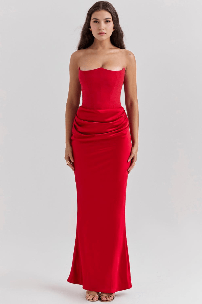 Abito Rosso con Corsetto e Scollo Senza Spalline | Chic e Femminile Venera TIAMUSE Vestito Lungo