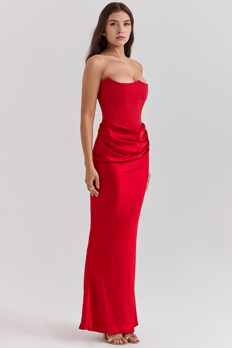 Abito Rosso con Corsetto e Scollo Senza Spalline | Chic e Femminile Venera TIAMUSE Vestito Lungo