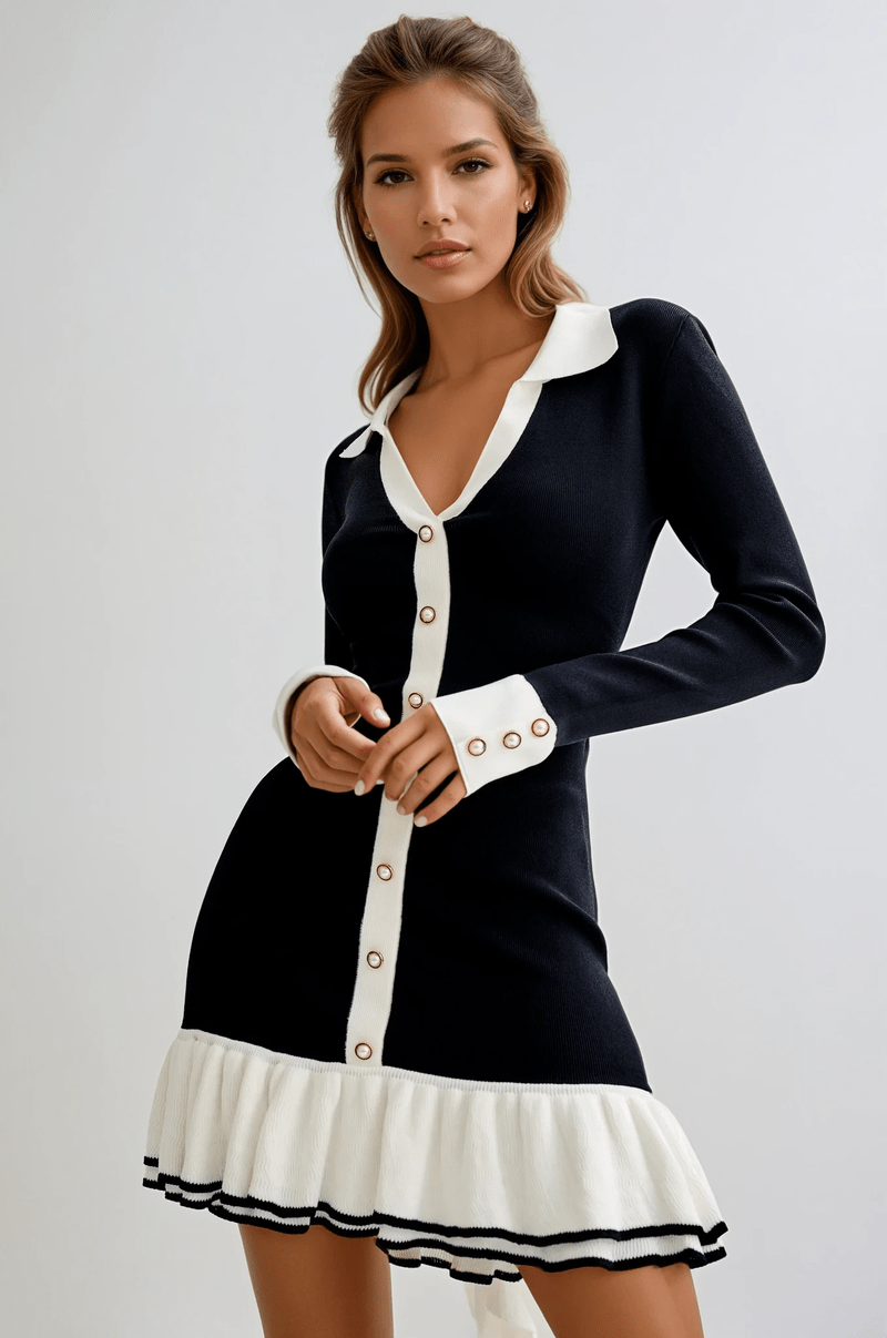 Abito Mini Elegante Livia | Vestito Nero e Bianco a Contrasto con Bottoni TIAMUSE Dress