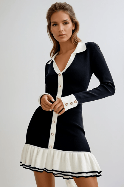 Abito Mini Elegante Livia | Vestito Nero e Bianco a Contrasto con Bottoni TIAMUSE Dress