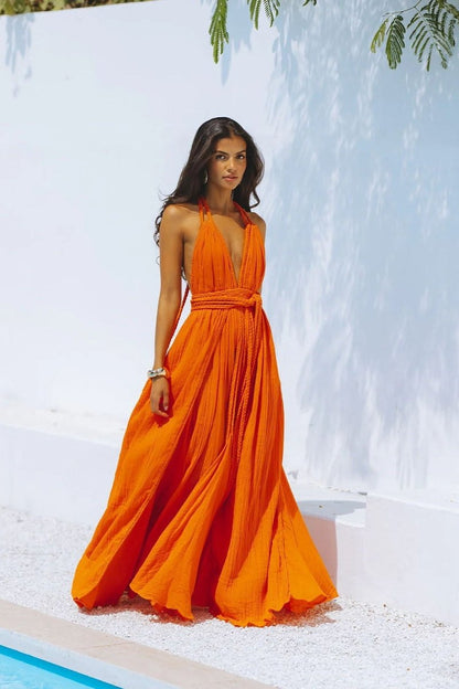 Abito estivo elegante con schiena scoperta e gonna lunga – In Bianco e Arancione TIAMUSE Abito