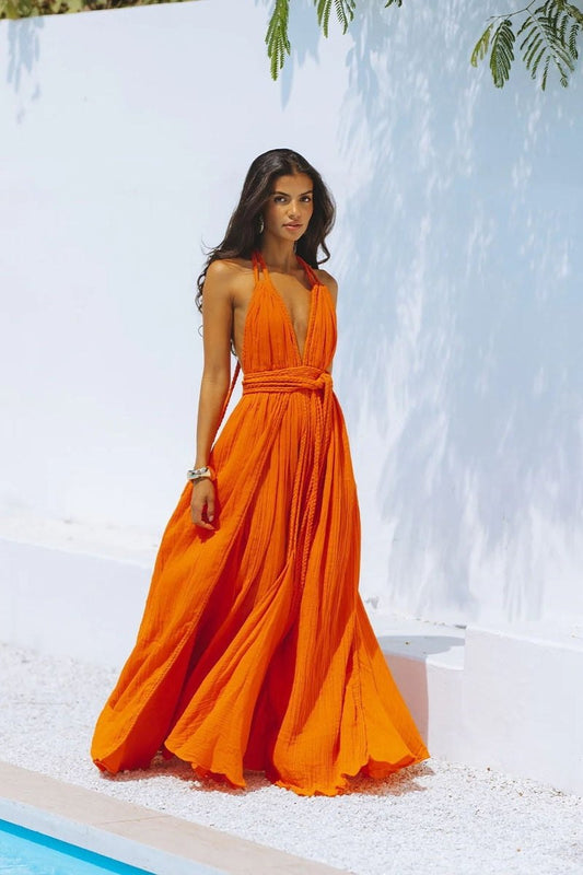 Abito estivo elegante con schiena scoperta e gonna lunga – In Bianco e Arancione TIAMUSE Abito