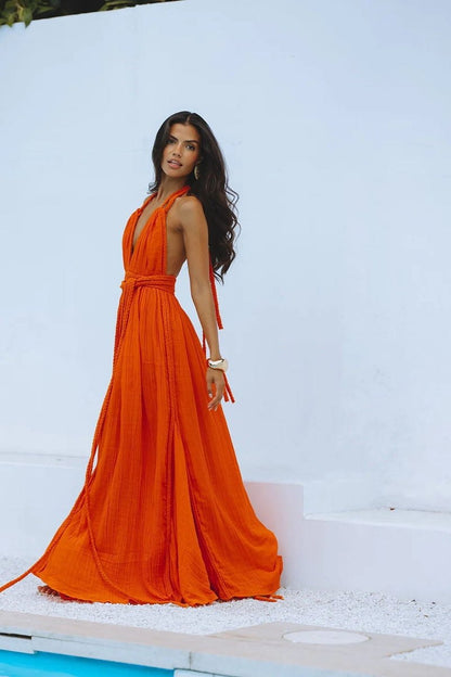 Abito estivo elegante con schiena scoperta e gonna lunga – In Bianco e Arancione TIAMUSE Abito