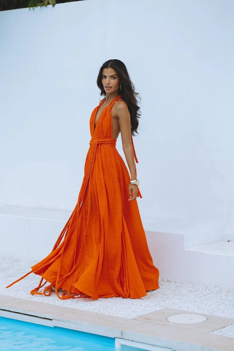 Abito estivo elegante con schiena scoperta e gonna lunga – In Bianco e Arancione TIAMUSE Abito